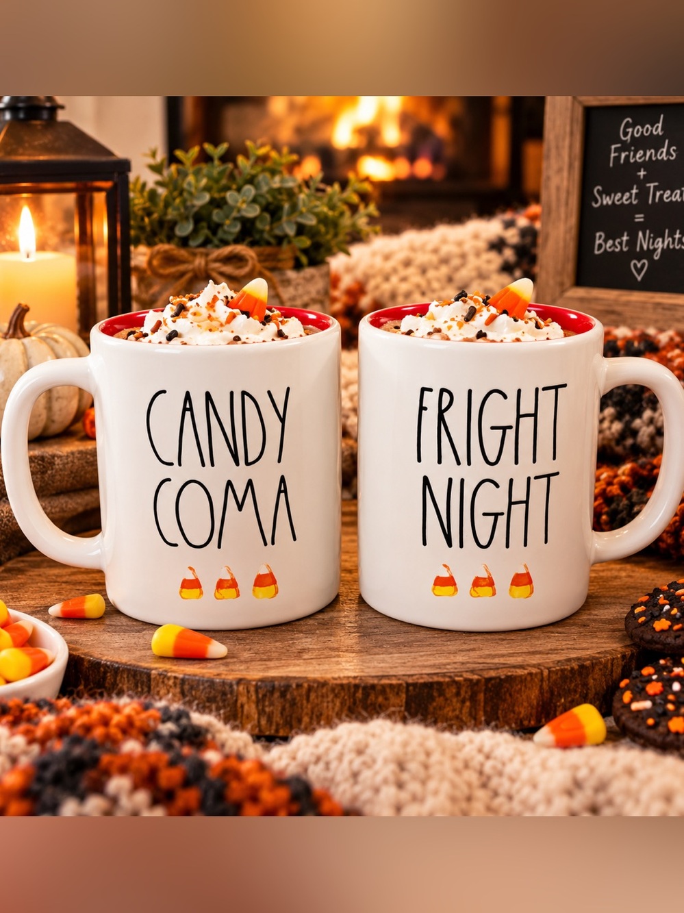 Rae Dunn White Ceramic Coffee Tea Coccoa Mugs Candy Corn Accents Set of 2